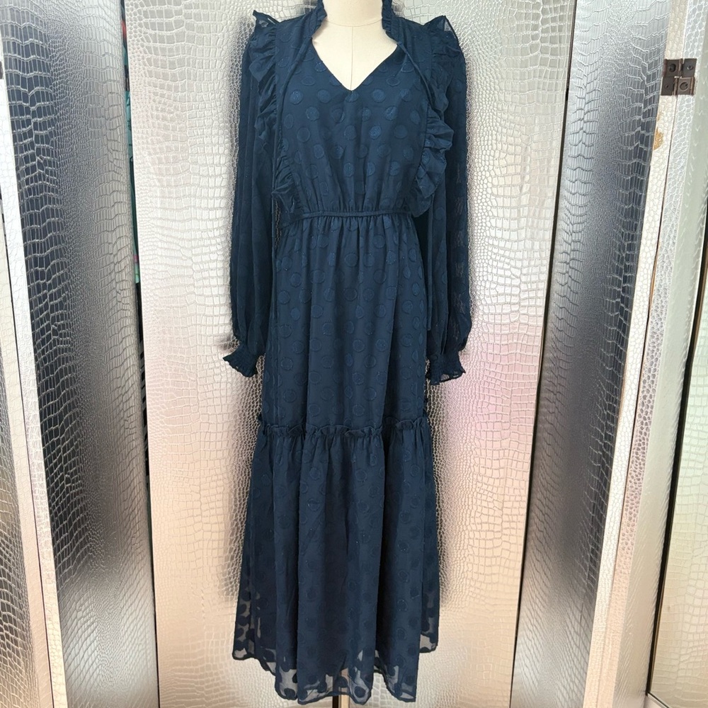 Moon River Blue Long Sleeve V-Neck Sundress